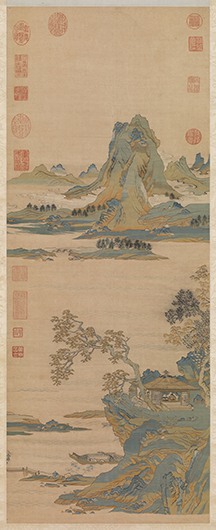 宋‧沈子蕃〈緙絲山水〉，軸，89.8×35.5公分。