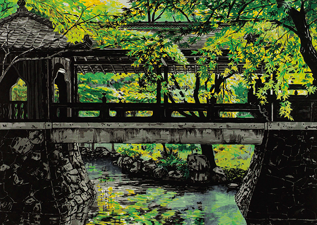 翁倩玉，〈仙橋抱翠〉，129x174.7公分，水印木刻，2007年。