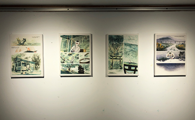 畫家吳識鴻以融合中西傳統繪畫技法的漫畫形式繪製《OKEN：詩的端倪》。圖為第二展場展出的「自然的啟示」。