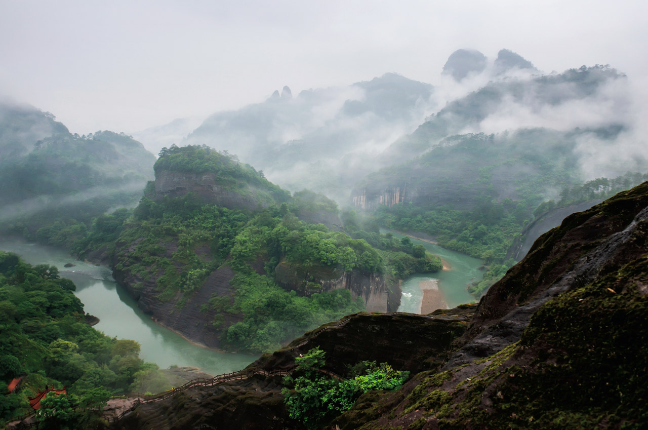 在武夷山，茶農將茶樹植於岩隙、山凹或坑谷間，砌築石梯、石座填土種茶，形成許多小規模的梯田式茶園。Adobe Stock